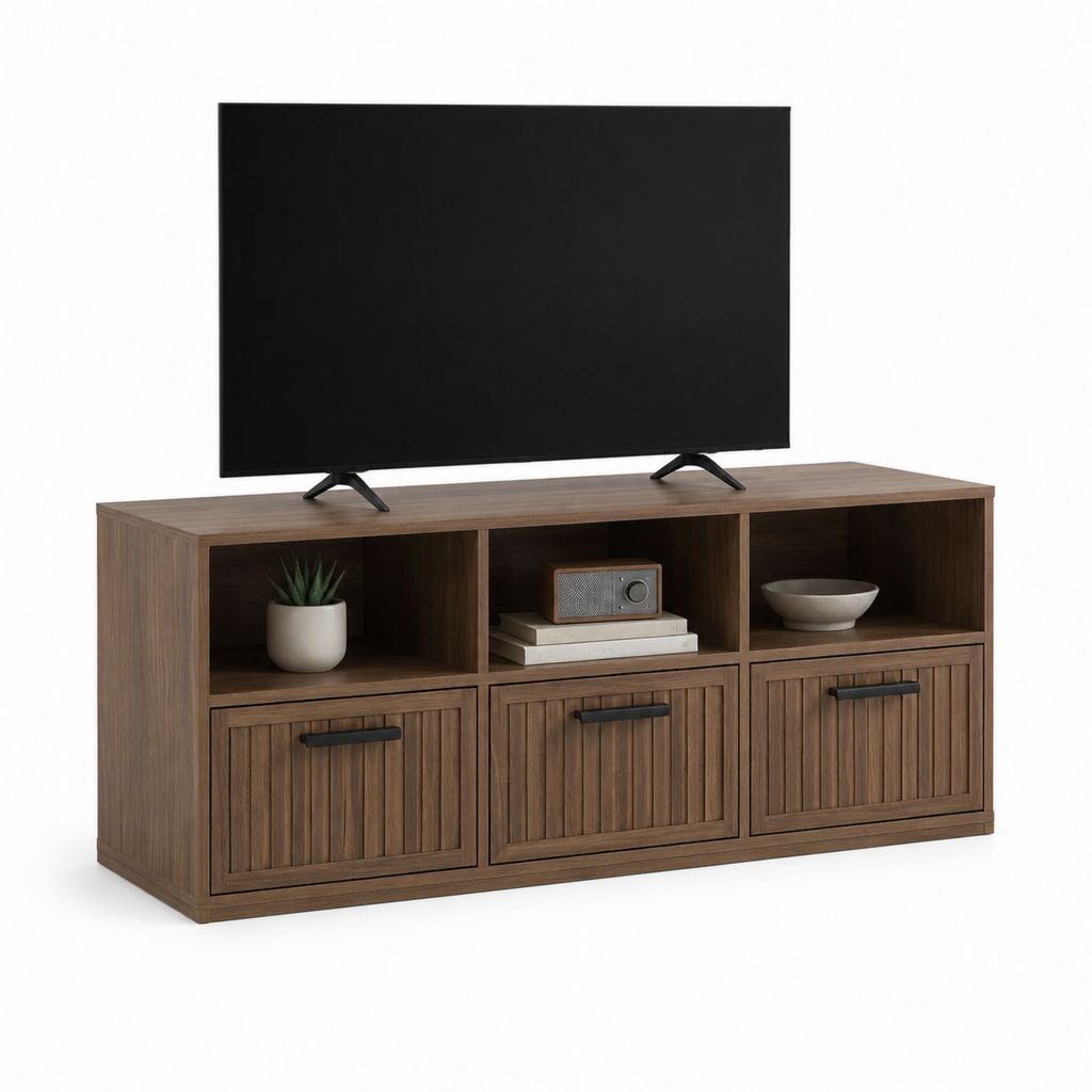 TV-Lowboard Walnussoptik aus Holzwerkstoff rechteckig mit 3 Türen und 3 offenen Fächern 160 x 40 x 60 cm