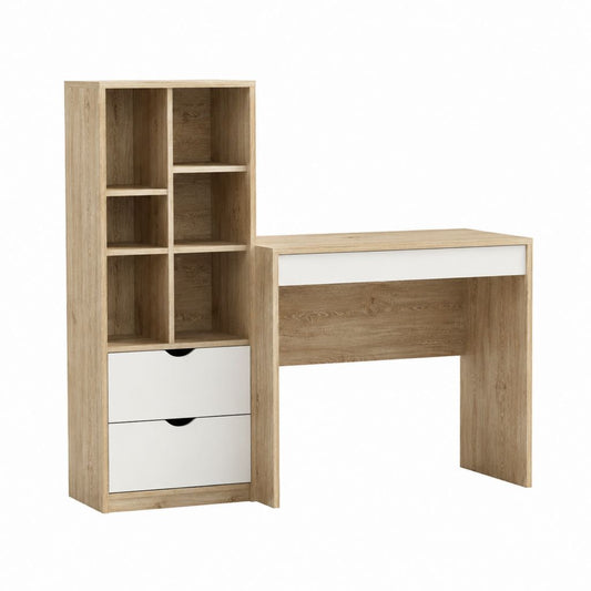 Schreibtisch mit Regal und Schubladen Eichefarben Weiß Spanplatte 120 x 50 x 150 cm