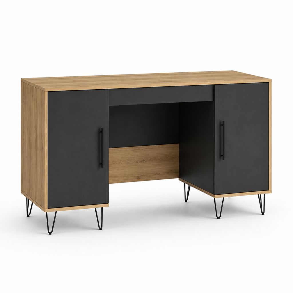 Schreibtisch mit 2 Türen Eichenoptik Schwarz Spanplatte Rechteckig 140 x 60 x 75 cm