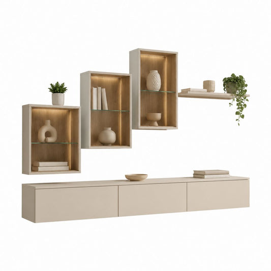 Wohnwand Set Beige Eicheoptik Spanplatte Rechteckig 300 x 40 x 180 cm