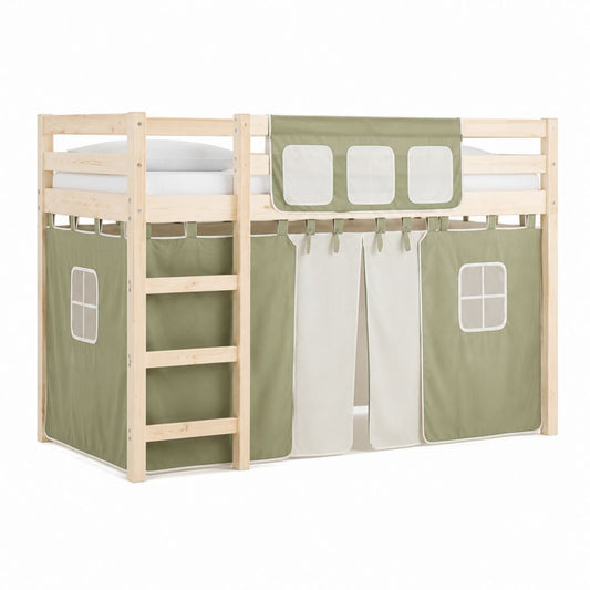 Kinder Hochbett mit Vorhang Olivgrün Beige Kiefer Massivholz 90 x 200 cm 208 x 98 x 110 cm