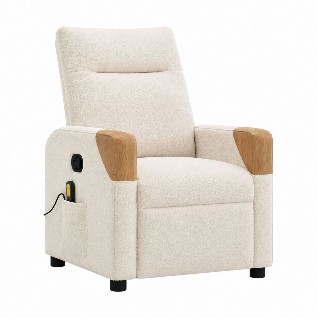 Elektrischer Relaxsessel Cremeweiß Polyester-Bouclé mit Holzarmlehnen 86 x 95 x 103 cm