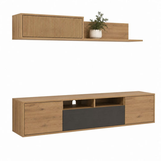 TV-Wandmöbel Set Eichefarben Anthrazit mit Lowboard Hängeschrank und Wandregal 180 x 40 x 50 cm