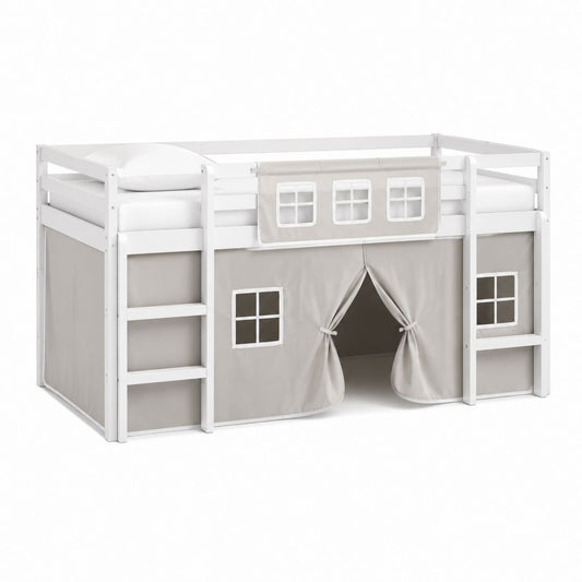 Kinder Hochbett Weiß Massivholz Kiefer mit Polyester Vorhang 90 x 200 cm 208 x 98 x 110 cm