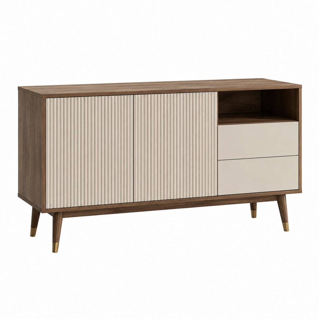 TV Lowboard Walnussfarben Creme aus MDF und Spanplatte 120 x 40 x 75 cm mit 2 Türen 2 Schubladen