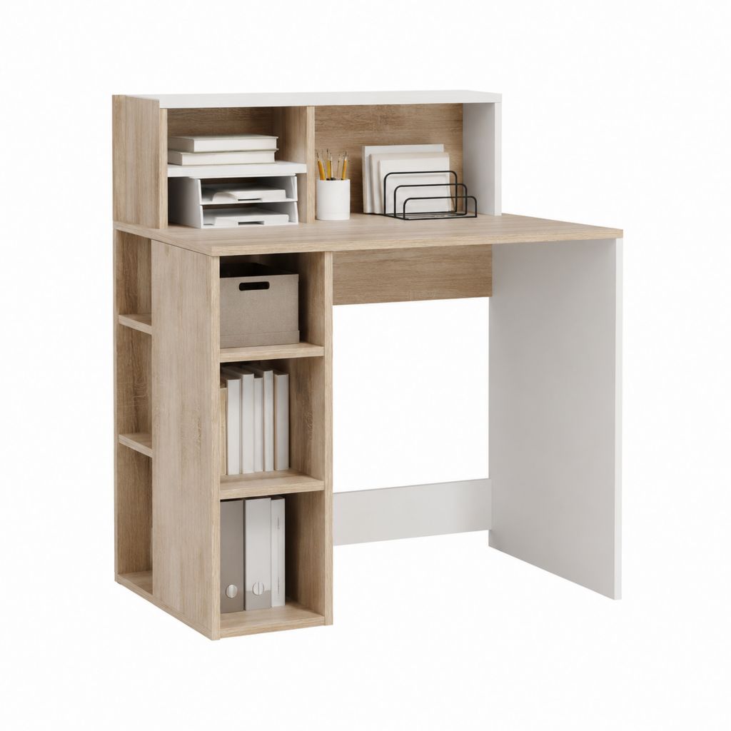 Schreibtisch mit Regalaufsatz Eiche-Optik Weiß Spanplatte rechteckig 120 x 60 x 150 cm